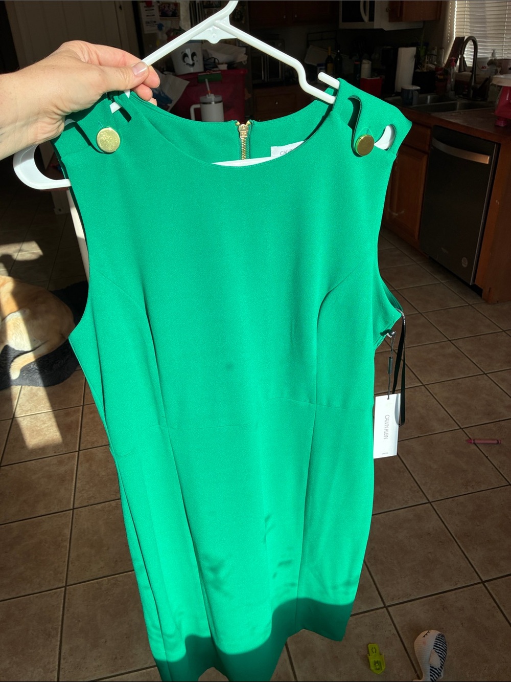 Calvin Klein Green Sleeveless Sheath Dress with Gold Button Detail